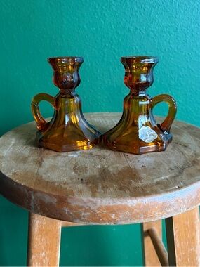 Anchor Hocking Desert Gold Amber Depression Glass Candle Holders model M982